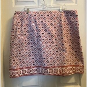 TALBOTS Skirt Medallion Border Print Lined Cotton Zip Pink Red Blue Plus Sz 18